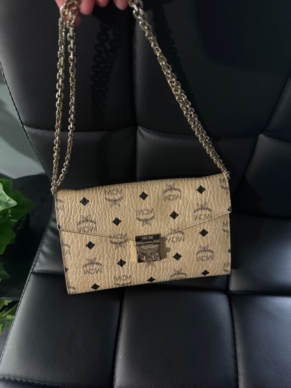 MCM Beige Visetos Quilted Chain Crossbody Bag with Gold Hardware